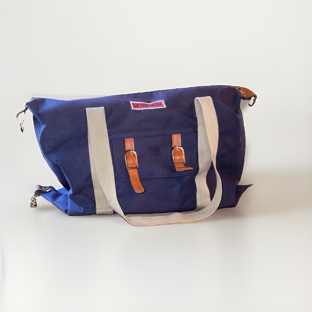 Le Traveler Vintage Blue Canvas Shoulder Retro Shoulder Tote Weekender Bag Purse